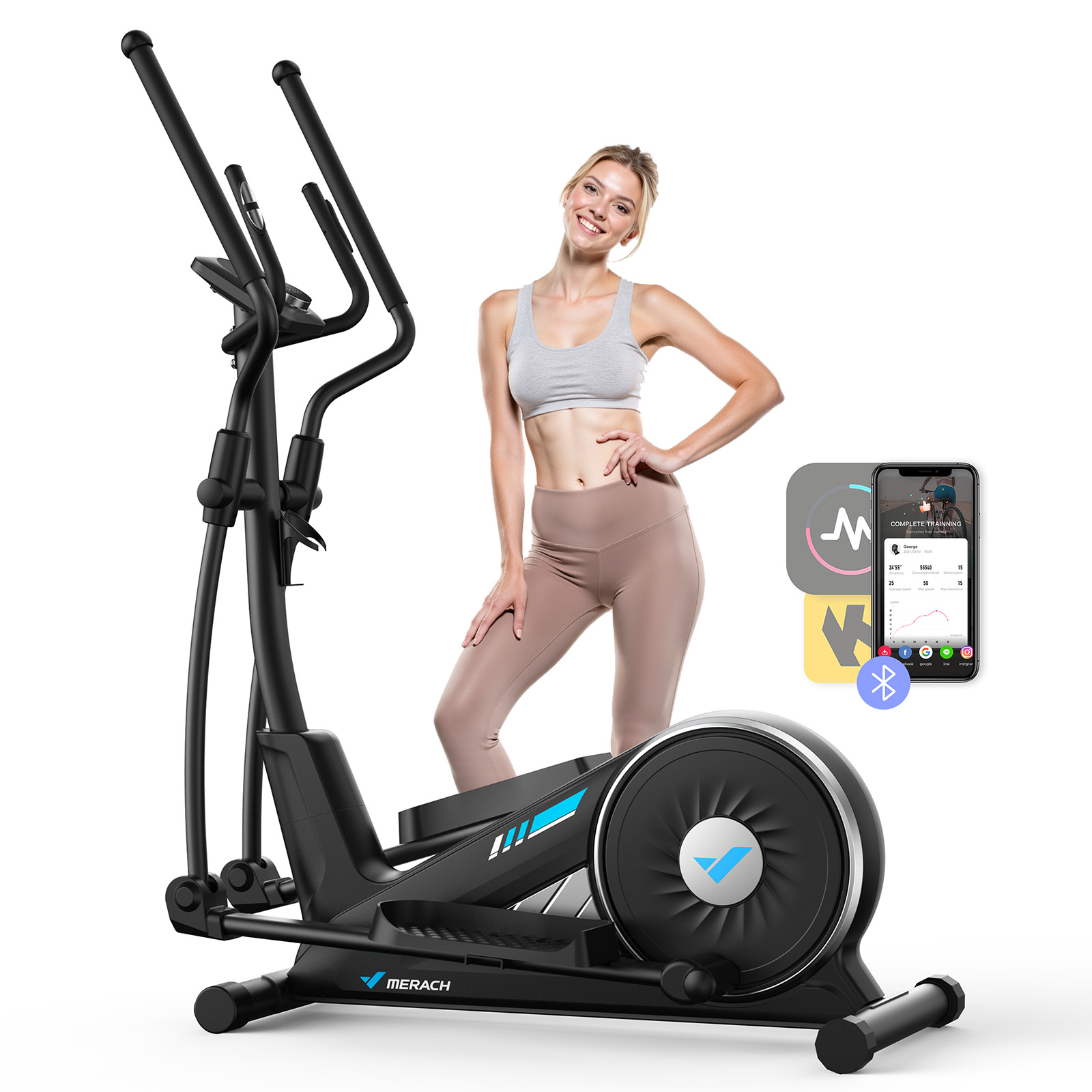 MERACH Home Elliptical Machine - Quiet Magnetic Drive, 16 Resistance Levels, 15.5" Stride, 350 lbs Capacity, Fitness App Compatible, Cardio Workout Equipment Elliptical Trainer